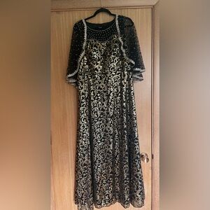 Elegant Black/Gold Maxi Dress, 1XL, Attached Shawl, SHEIN